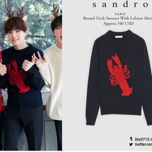 Sandro Navy Wool Blend Sweater with lobster motif